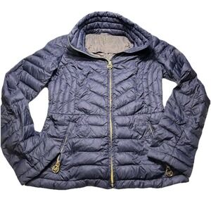 Michael Kors Packable Puffer Jacket Womens XS Navy Green Plaid Zip Up Coat